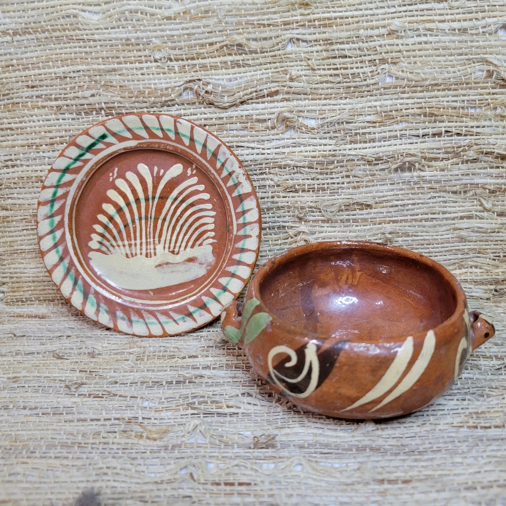 Vintage Mexican Redware Hand Painted Mini Bowl and Saucer Set